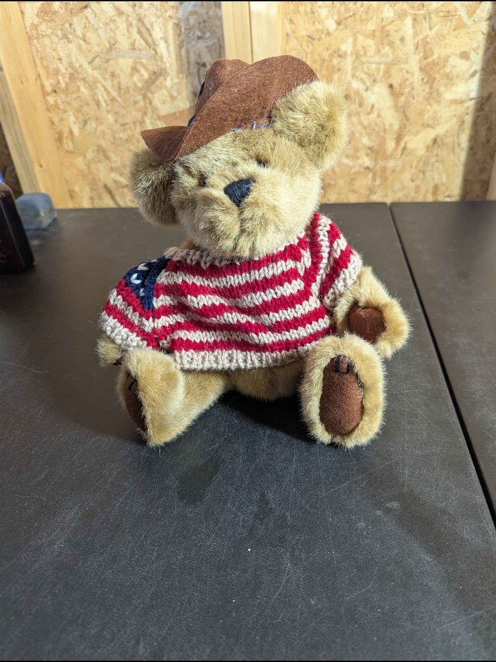 Plush Bear in Red-White Striped Sweater and Brown Hat - Brand Unspecified